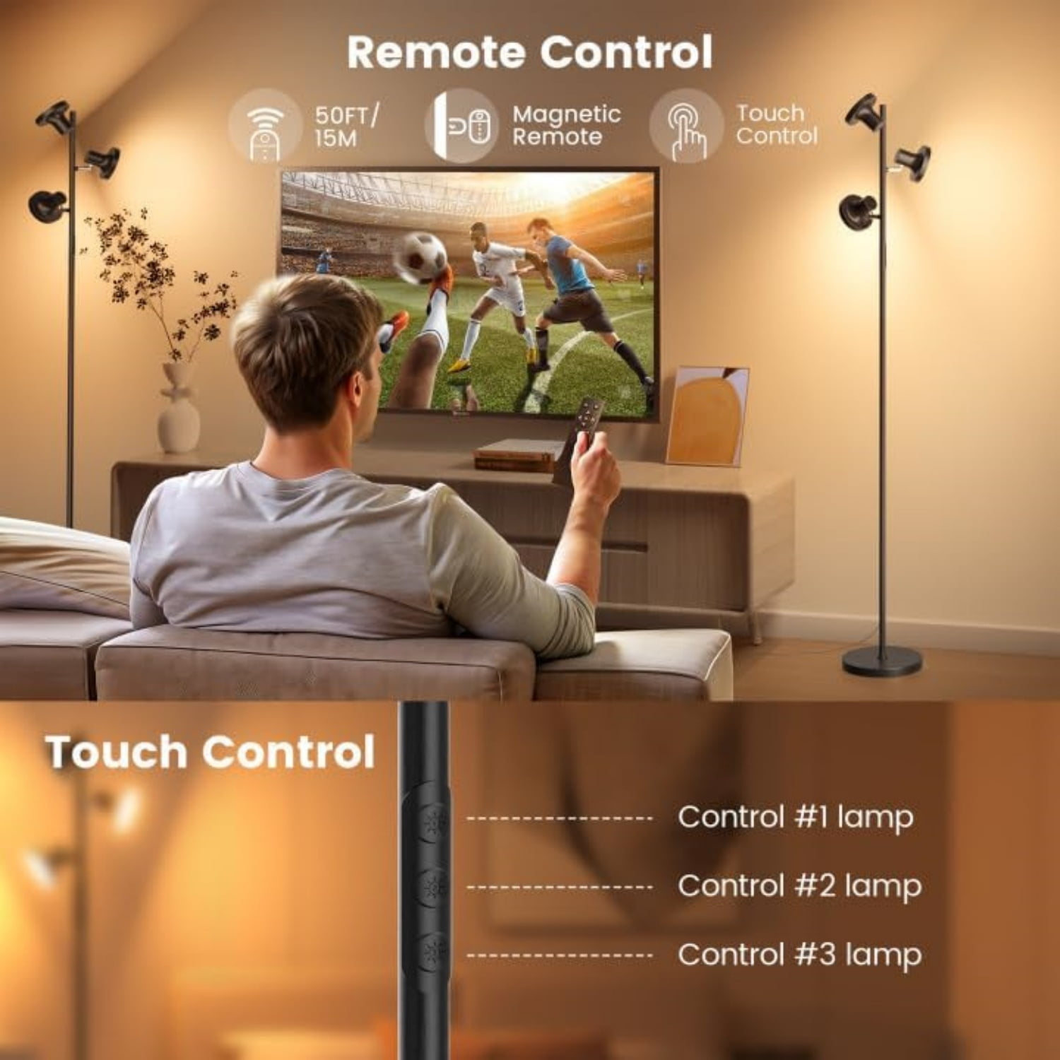 36W LED Floor Lamp, Modern Dimmable Standing Lamp with Remote & Touch Control, 4 Color Temperatures, 3 Rotatable LED Light Floor Lamps for Living Room, Bedroom, Office