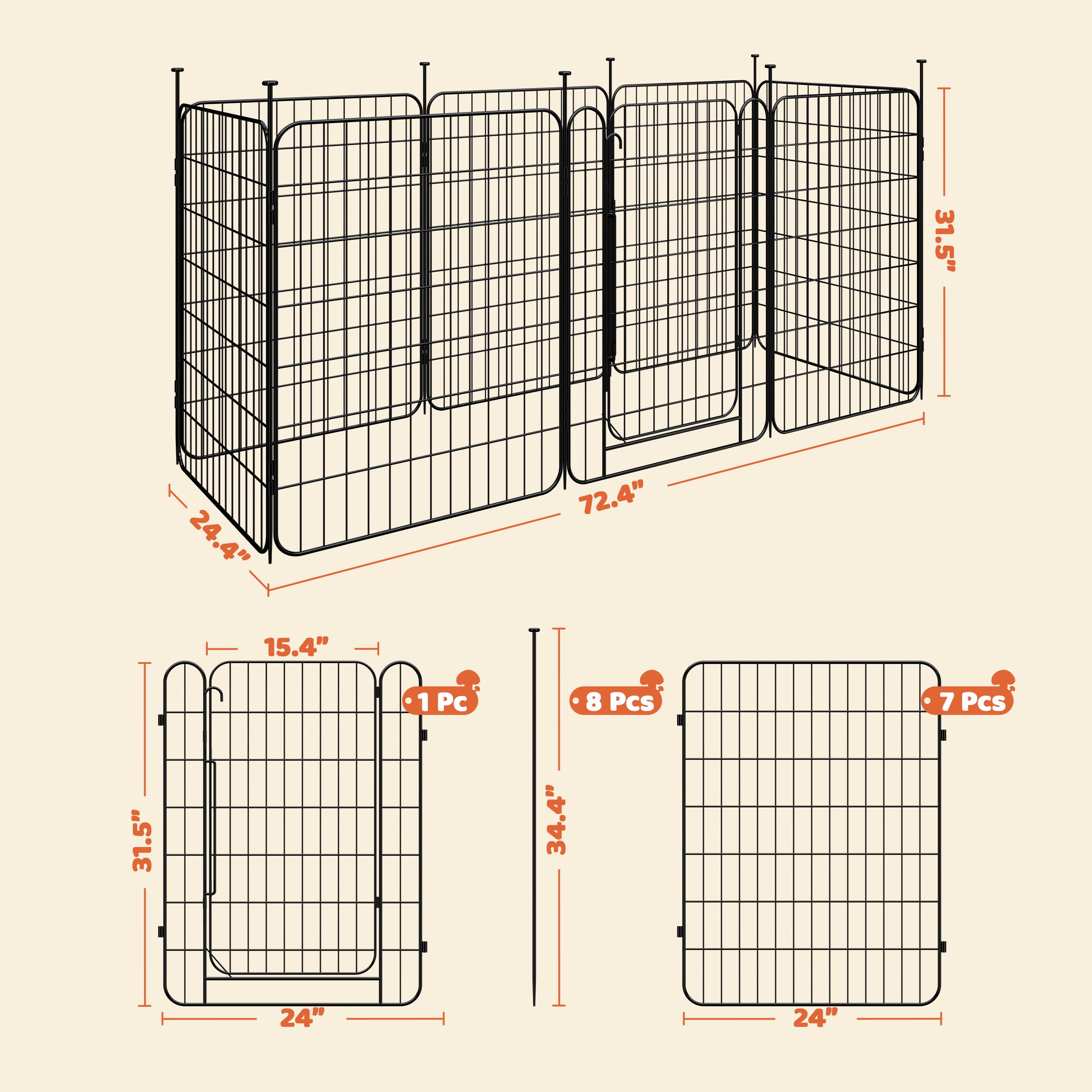 Renwick 31.5" Tall Foldable Dog Playpen Panels with Door, 8 Panels, Black