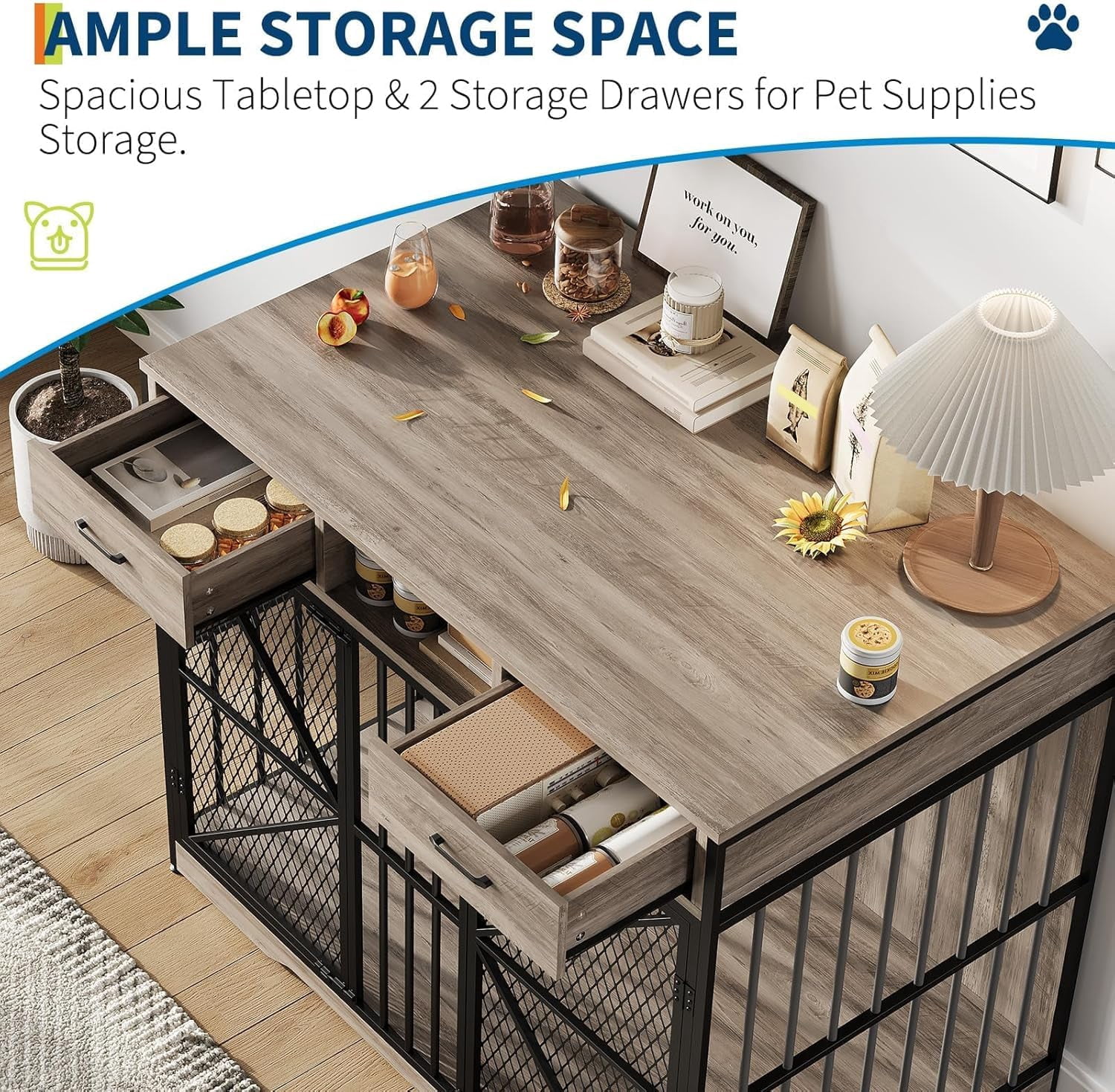 44 Inch Dog Crate Furniture, Heavy Kennel Coffee Table with Storage Drawer and Two Locked Doors, Suitable for Indoor Pet Cages of Medium and Small Varieties