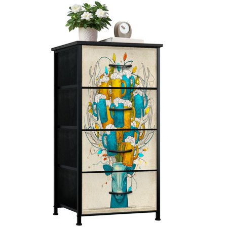 Dresser for Bedroom with 4 Storage Drawers Deer Beer Vintage Beer Mugs Christmas Lights Reindeer Antlers Dressers Chest of Drawers Steel Framed Fabric Closet Organizers for Entryway Bar Man Cave