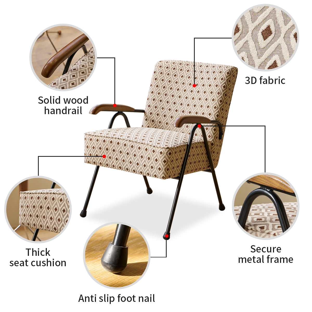 Homy Casa Accent Chair with Metal Legs and Upholstery, Living Room Reading Armchair,Beige Geometric