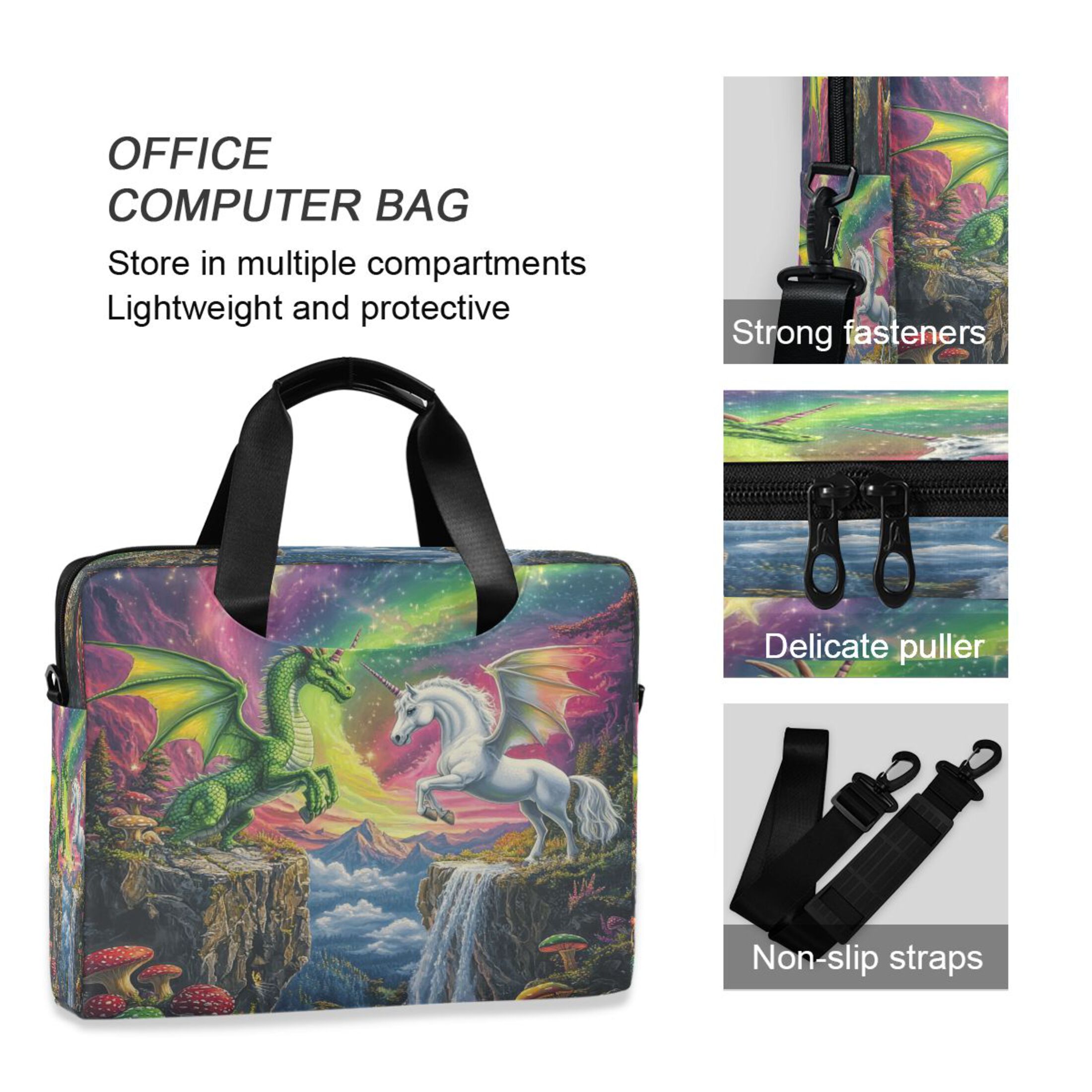 16" Laptop Tote Bag Laptop Sleeve Case Computer Briefcase for Work & Travel Green Dragon and White Unicorn