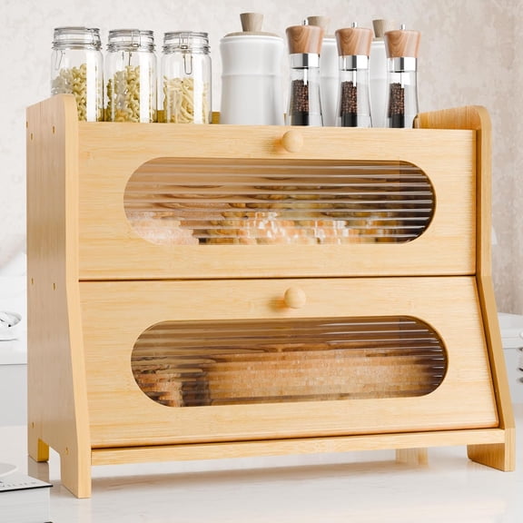 Bread Box for Kitchen Countertop,Double Layer Large Capacity Bamboo Bread Storage Container with Acrylic Wavy Door Panel for Kitchen Counter,Cabinet,Pantry(Natural Bamboo)
