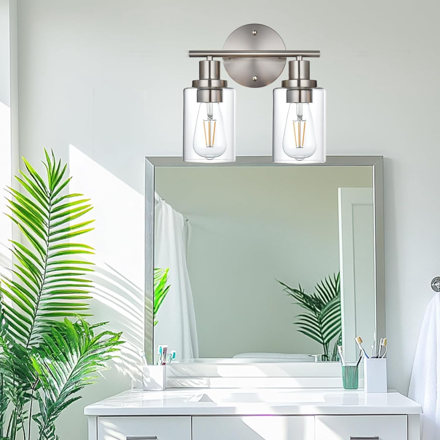 Melucee 2-light Vanity Light with Round Plate – Brushed Nickel Modern Bathroom Light Fixture, Dimmable Wall Sconce for Mirror, Bedroom, Makeup Area