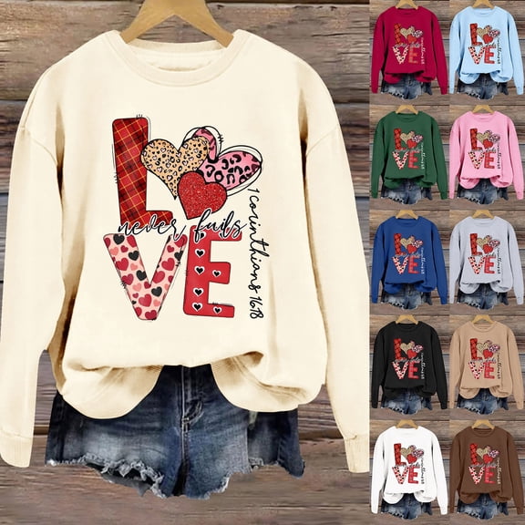 Sweatshirt for Women Love Heart Graphic Print Long Sleeve Pullover Tops Casual Crewneck Valentine's Day Sweatshirts Beige L