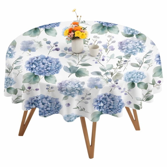 Blue Hydrangea Round Tablecloth 60 inches Eucalyptus Leaves Watercolor Plant Farm Waterproof Oil-Proof Table Cloth Round Table Cover for Holiday Party Picnic Dinner Decor Indoor and Outdoor Use