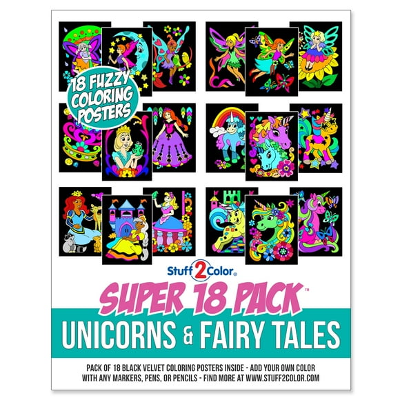 Super Pack of 18 Fuzzy Coloring Posters (Unicorns & Fairy Tales Edition) - Arts & Crafts for Girls and Boys - Great for After School, Travel, Planes, Group Activities, and Coloring with Frie