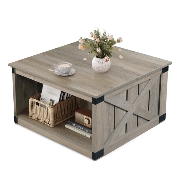 Grey Farmhouse Square Coffee Table with Double-Layer Storage Shelf, 31.5