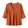thumbnail image 4 of Vivianyo HD Women's V Neck Pleated Front Blouse, Curved Hem Cuffed Three Quarter Sleeve Shirt for Women, Spring Fall Loose Flowy Top for Office Casual and Weekend Brunch, Sizes S-2XL, 4 of 8