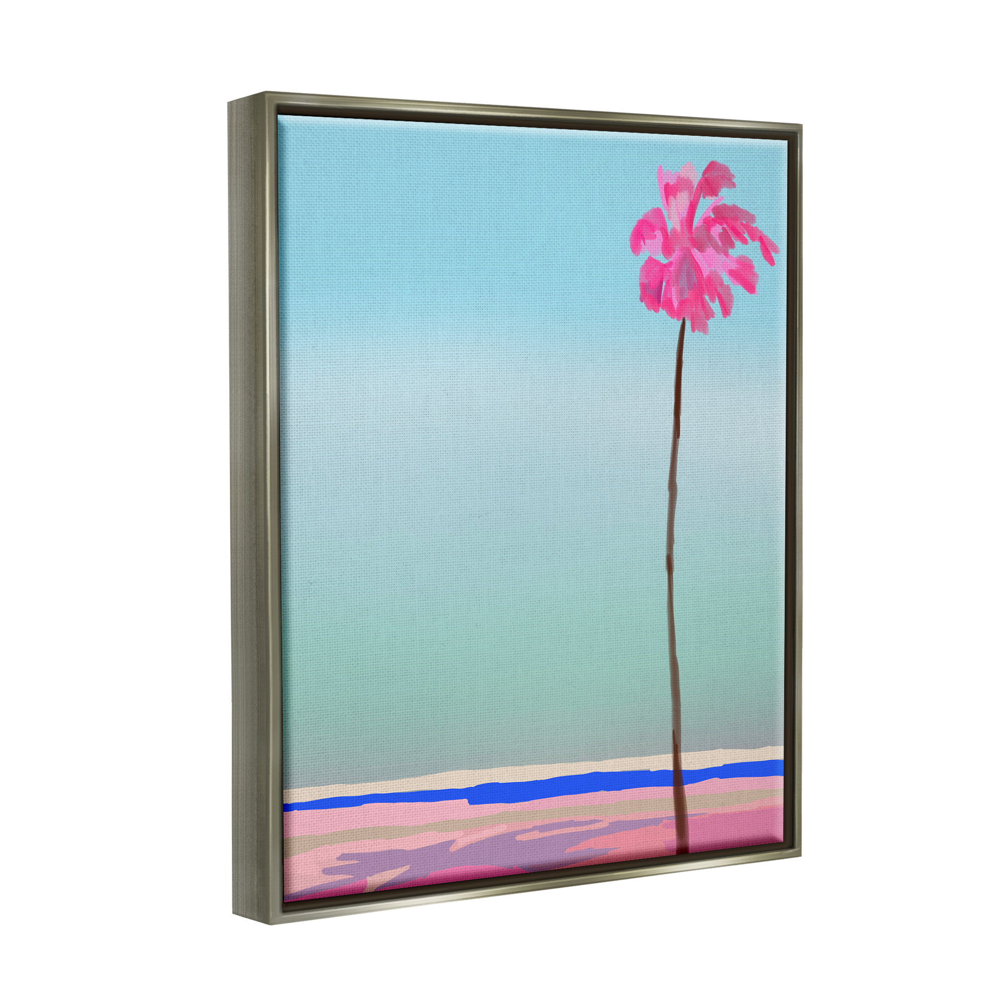 Stupell Industries Pink & Blue Beach Palm Nature Painting Gray Floater Framed Art Print Wall Art, 25 x 31