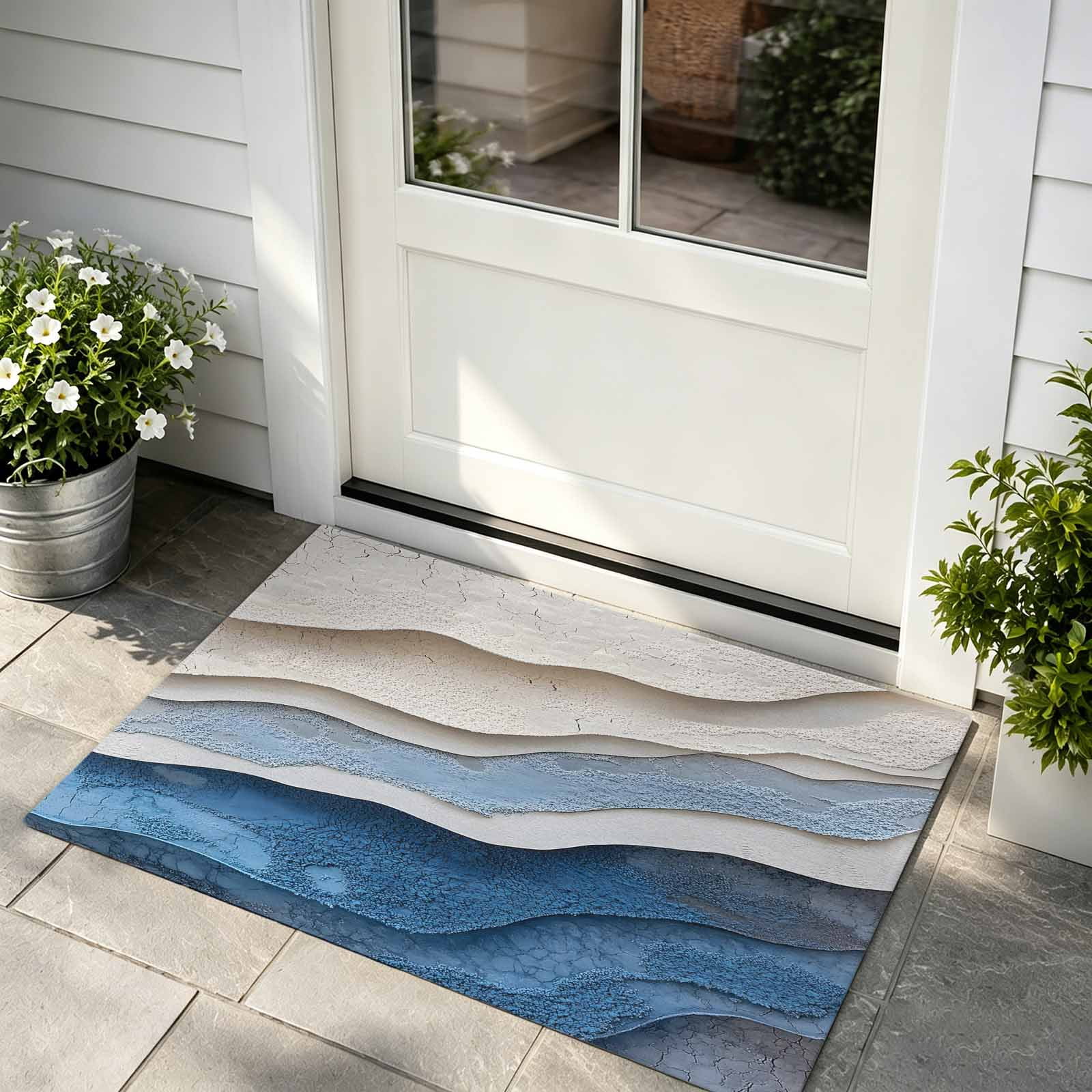 Front Door Mat Indoor Outdoor Entrance Blue Ombre Low Profile Doormats Non-Slip Backing Modern Wave Abstract Art Absorbent Welcome Mat for Entryway Hallway 16 x24