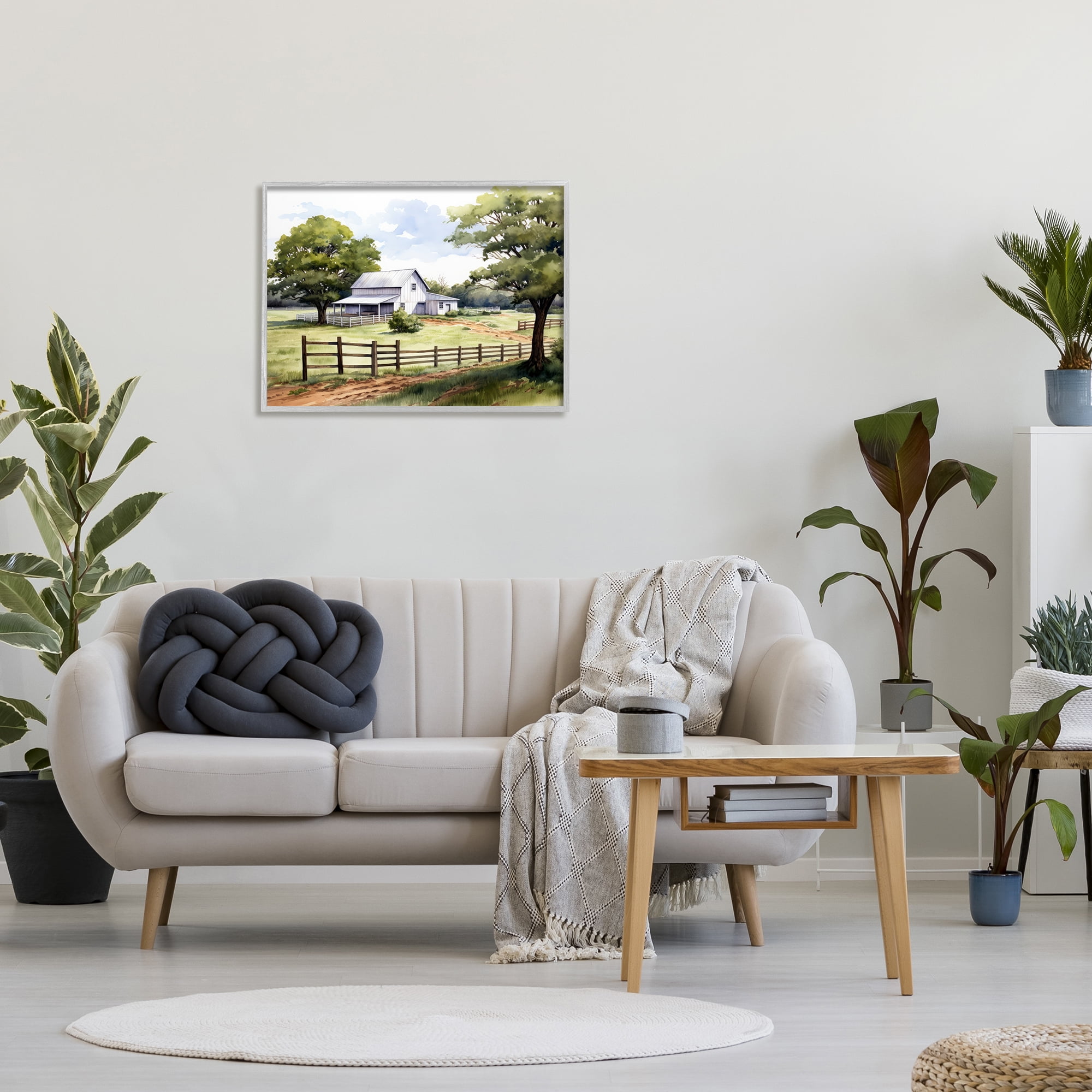 Stupell Industries Rural Cottage Painting Landscape Painting Gray Framed Art Print Wall Art, 30 x 24