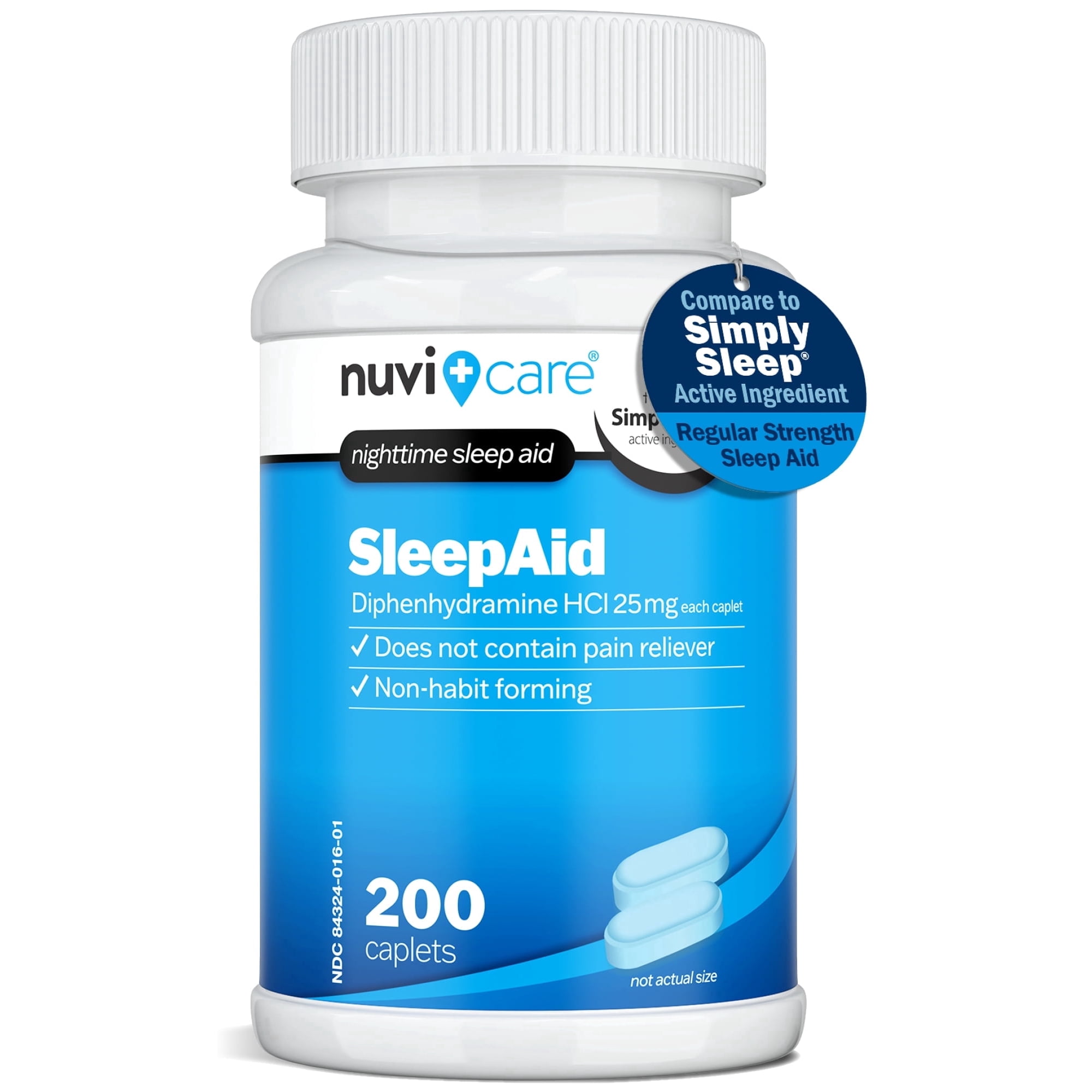 NUVICARE Nighttime Sleep Aid with Diphenhydramine HCl 25 mg - Non Habit Forming Regular Strength Sleeping Pills for Adults - Does Not Contain Pain Reliever - OTC Sleep Aids for Adults (200 Caplets)