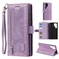 ELEHOLD Multi-Functional Wallet Case for Samsung Galaxy S23 Ultra, 9 Card Slots Zipper Pocket Wriststrap Stand Function Premium Leather Shockproof Purse Case for Samsung S23 Ultra, Glitter Purple