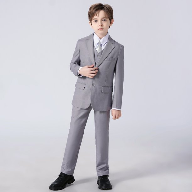 Wehilion Boys Suits 5 Piece Set Slim Fit Grey Kids Wedding Outfit Boys