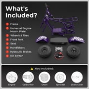 FRP GMB100 Mini Bike Upgraded Frame Roller Frame, No Engine—Tires, Hydraulic Brake, Seat, Fuel System & Wiring, DIY Bolt-On 79/98/196/212/225cc – Purple