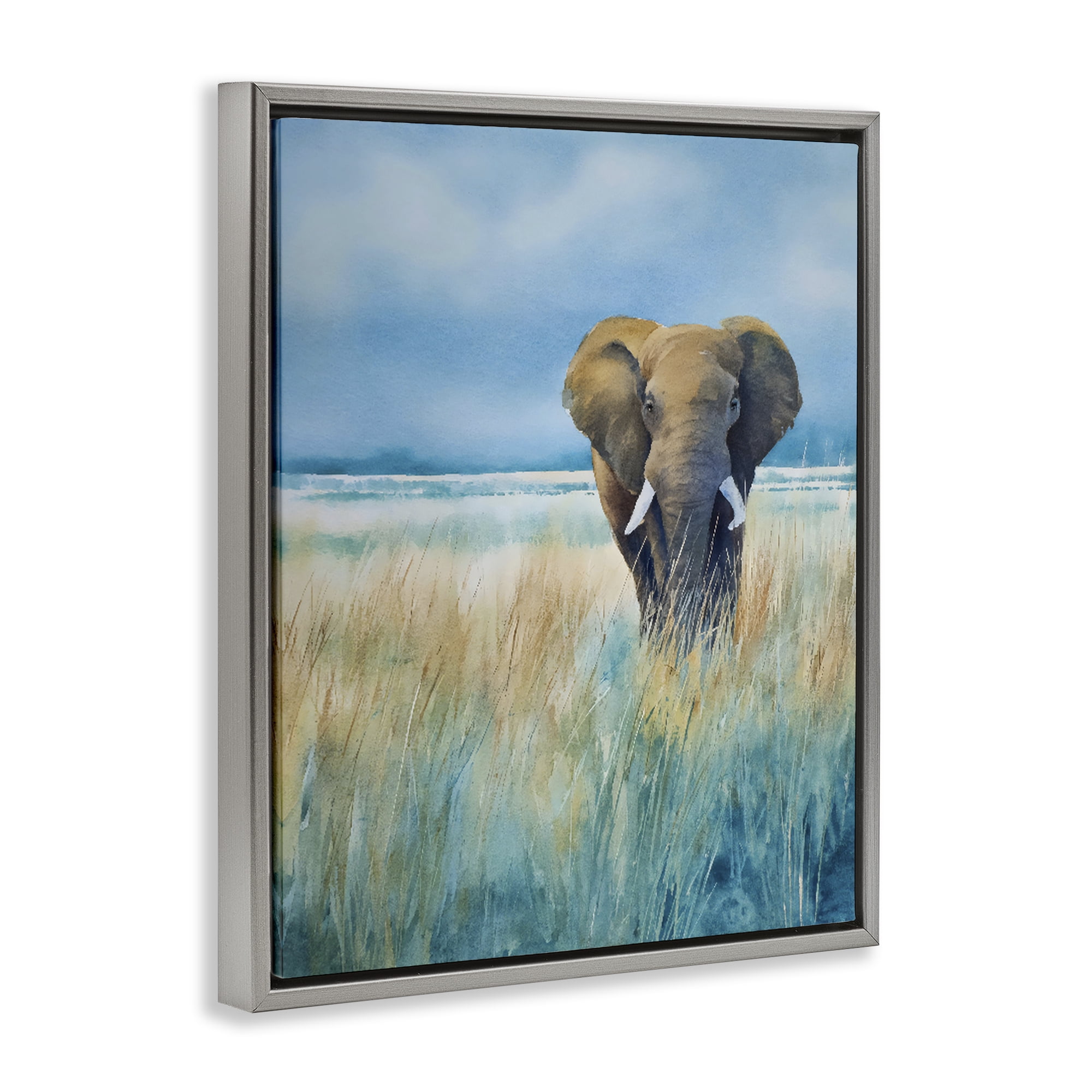 Stupell Industries Blue Grass Elephant Gray Framed Floater Canvas Wall Art, design by Franklyn Gregory