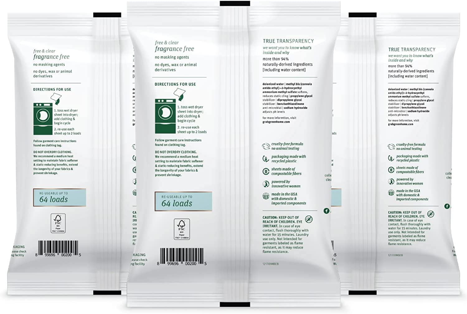 Wet Dryer Sheets, 96 Count, Fragrance Free, Plant Based, Softens Fabrics, Reduces Static Cling and Wrinkles