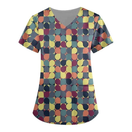 

DNDKILG Women s Graphic Pockets Uniform Short Sleeve Casual Nursing Scrubs V Neck T Shirt Professionals Working Scrubs Top Yellow L