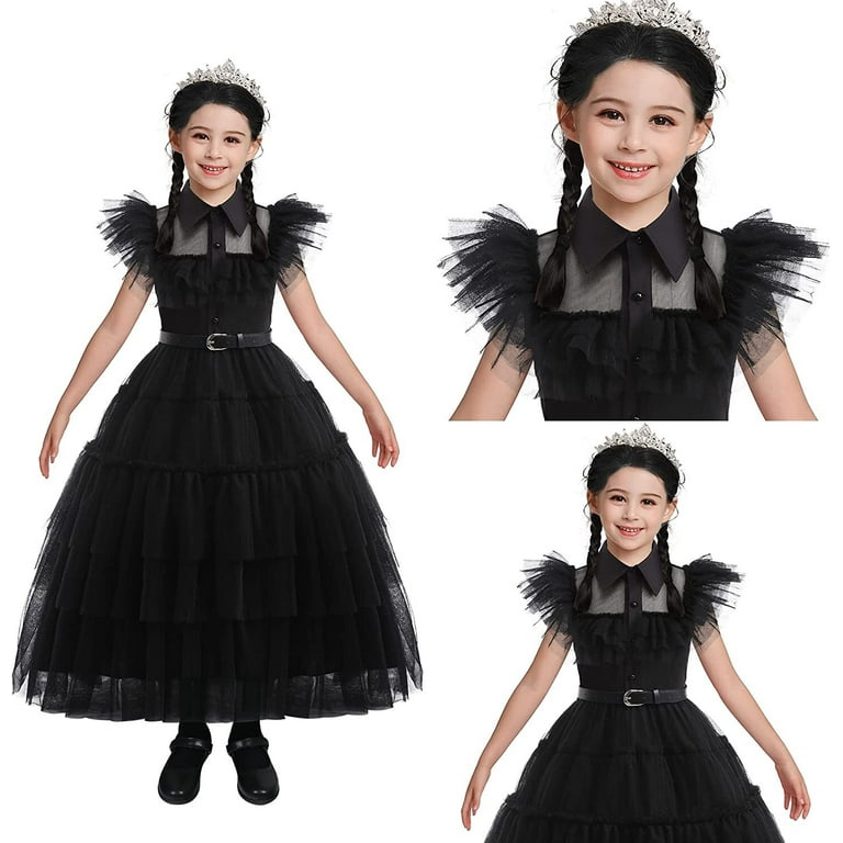 Wednesday Adams Family Cosplay Ball Black Dress Performance Dress(dress +  Belt + Decorative Belt)