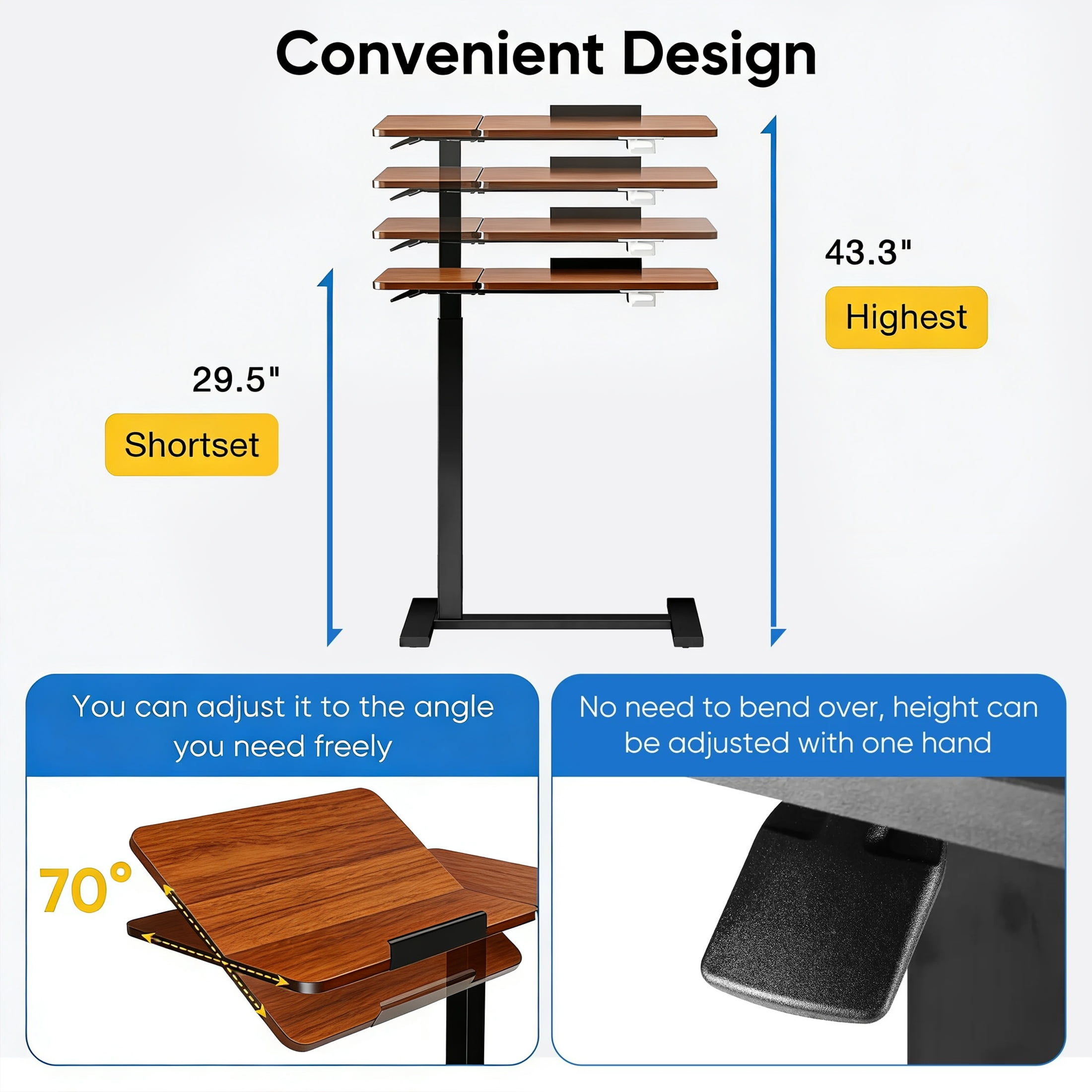 ZUNMOS Overbed Bedside Lap Desk with Wheels and Tilt Top, Mobile Standing Lap Desk Pneumatic Adjustable Height for Home Office Bedroom Sofa, Brown