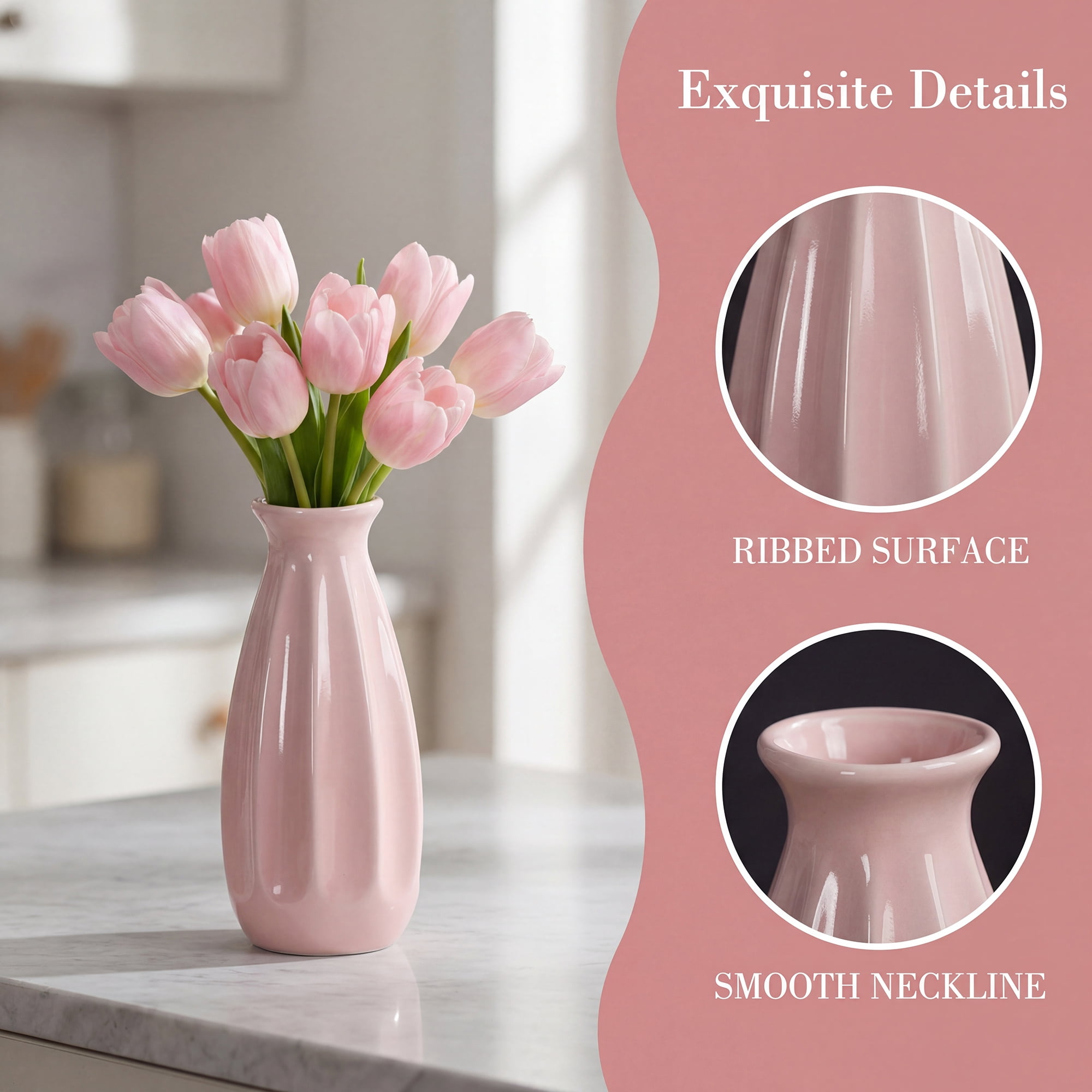 Unique Bargains Small Ceramic Matte Ribbed Flower Vase Pink 2.4"L x 2.4"W x 5.1"H