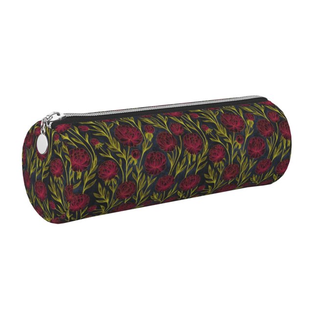 Easygdp Burgundy Peony Flowers para Estuche de Lápices Cilíndrico de Cuero con Cremallera, Organizador de Lápices de Cuero para Escuela, Oficina y Viajes