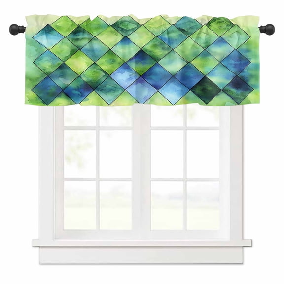 Abstract Ombre Green Blue Valances for Windows Geometric Art Rod Pocket Curtain Valance Window Treatment Short Curtains for Kitchen Living Room, 42"x18"
