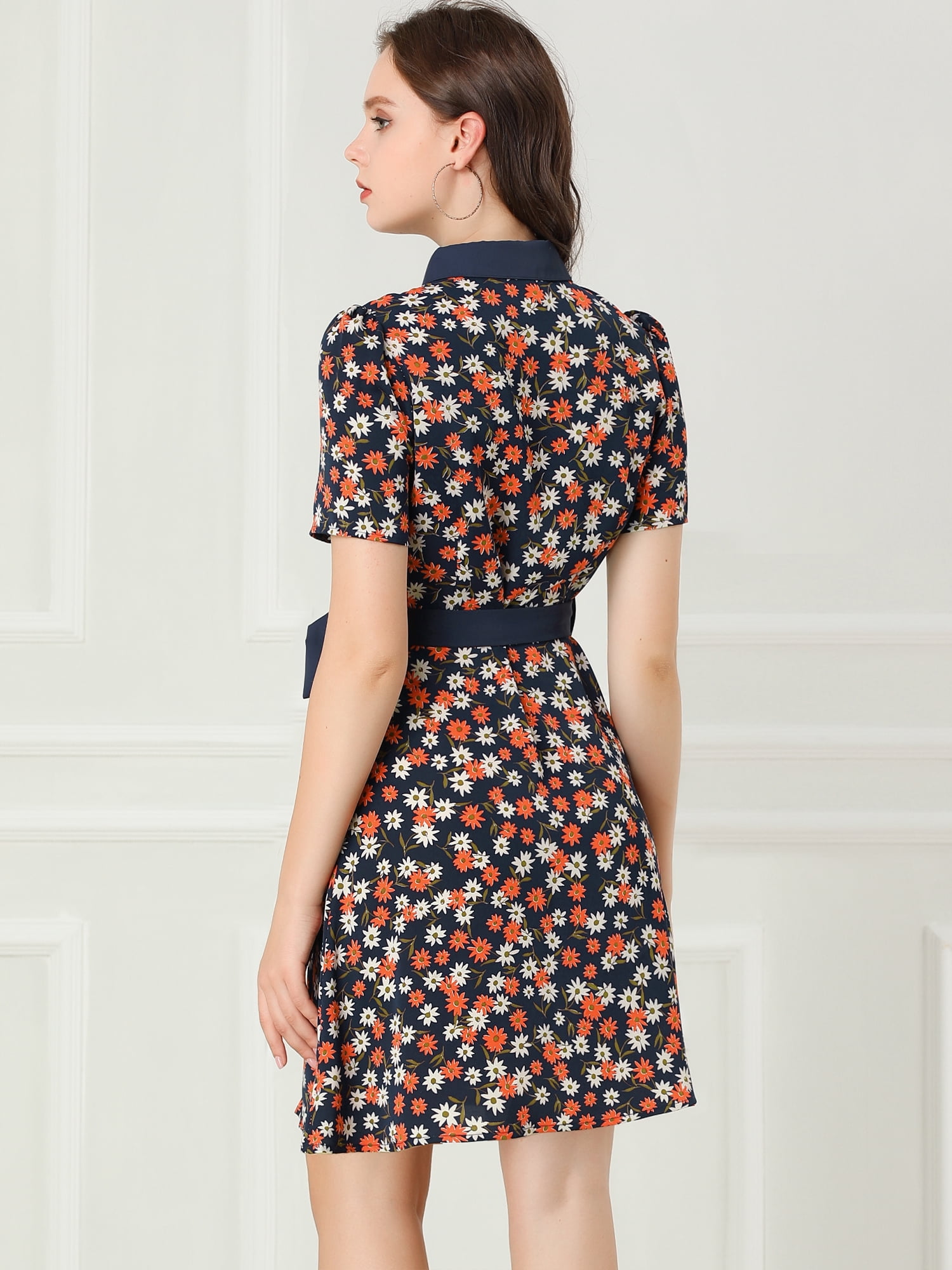 DARING DIVA  Contrast Collar Short Sleeve Belt Shirt Dresses M Black