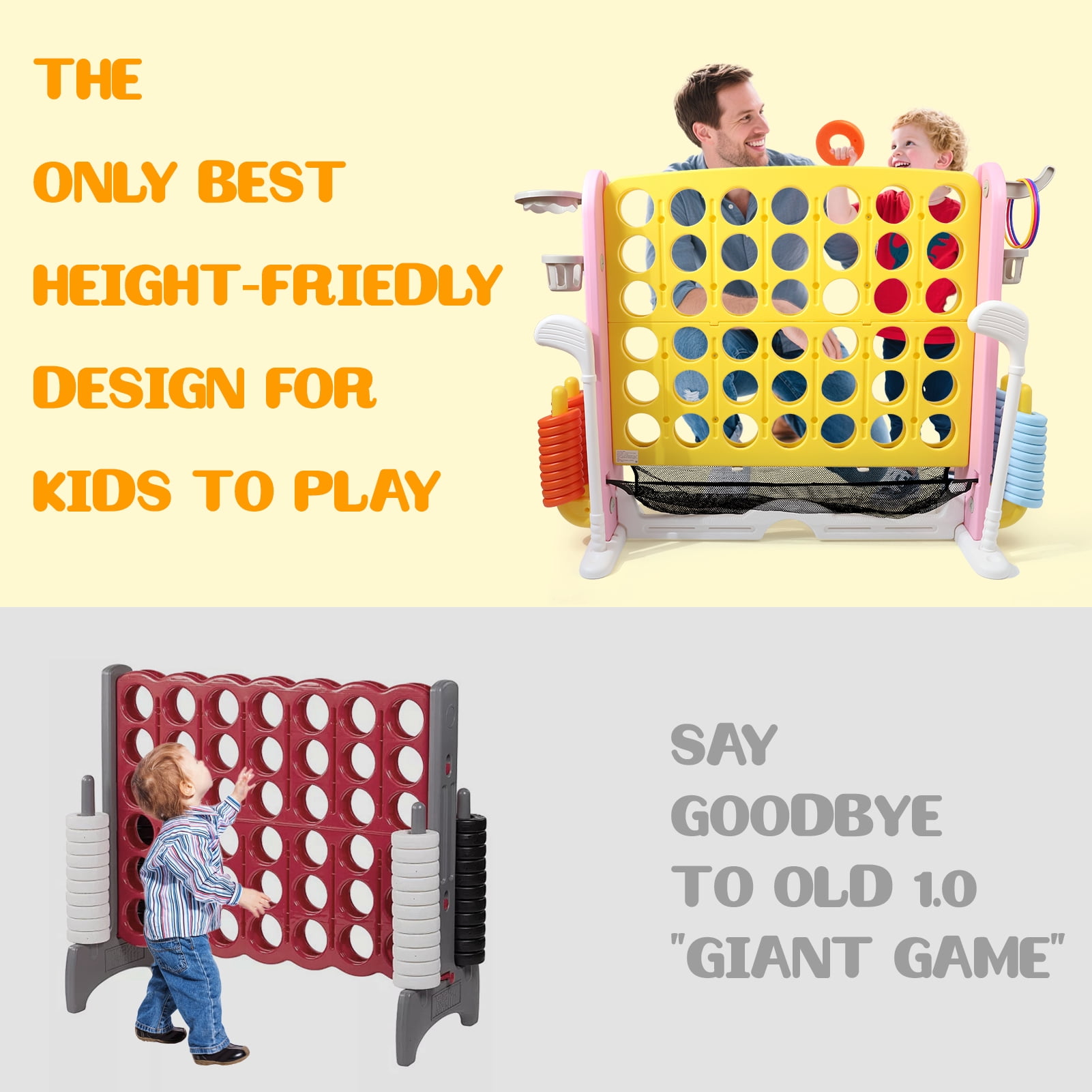 Wdmiya Jumbo 4-to-Score Giant Game Set, 4-in-a-Row Connect Game for Adults Kids Family Fun, Indoor Outdoor Adjustable Height Yard Family Game with w/ Golf Set, Basketball Hoop, Yellow Pink