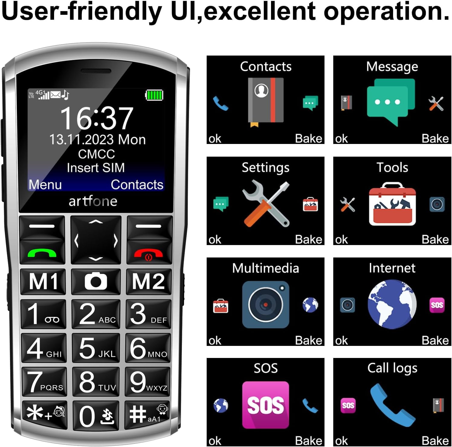 Artfone 4G Volte Unlocked Cell Phone for Seniors, Big Button Mobile Phone with 2.4" Display, 2MP Camera, 1800mAh Battery, Silver New