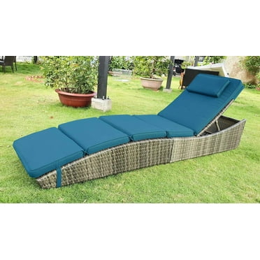 Chaise Lounges Pool Cushioned Outdoor Chair Wicker Patio Rattan Poolside Folding Sun Lounger Adjustable Reclining Fully Assembled Navy Blue One Piece
