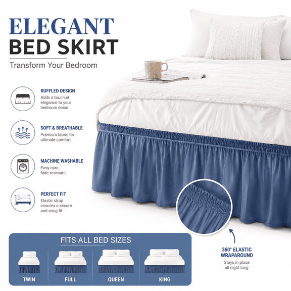 Elastic Bed Ruffle,Easy Wrap Around 15 Inch Tailored Drop,Microfiber Bed Skirt with Adjustable Elastic Belt,Fade-Resistant & Machine Washable,Solid Color for Hotel & Home Bedding