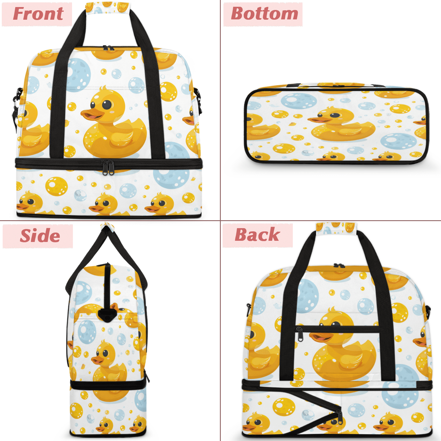 Herdesigns Rubber Duck Foldable Travel Duffel Bag for Women Men, Yellow Blue Bubble Weekend Overnight Carry On Bags with Shoe Compartment