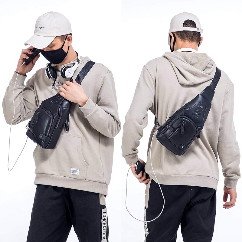 BULLCAPTAIN Leather Sling Bag Men's Casual Shoulder Crossbody Bag, Black