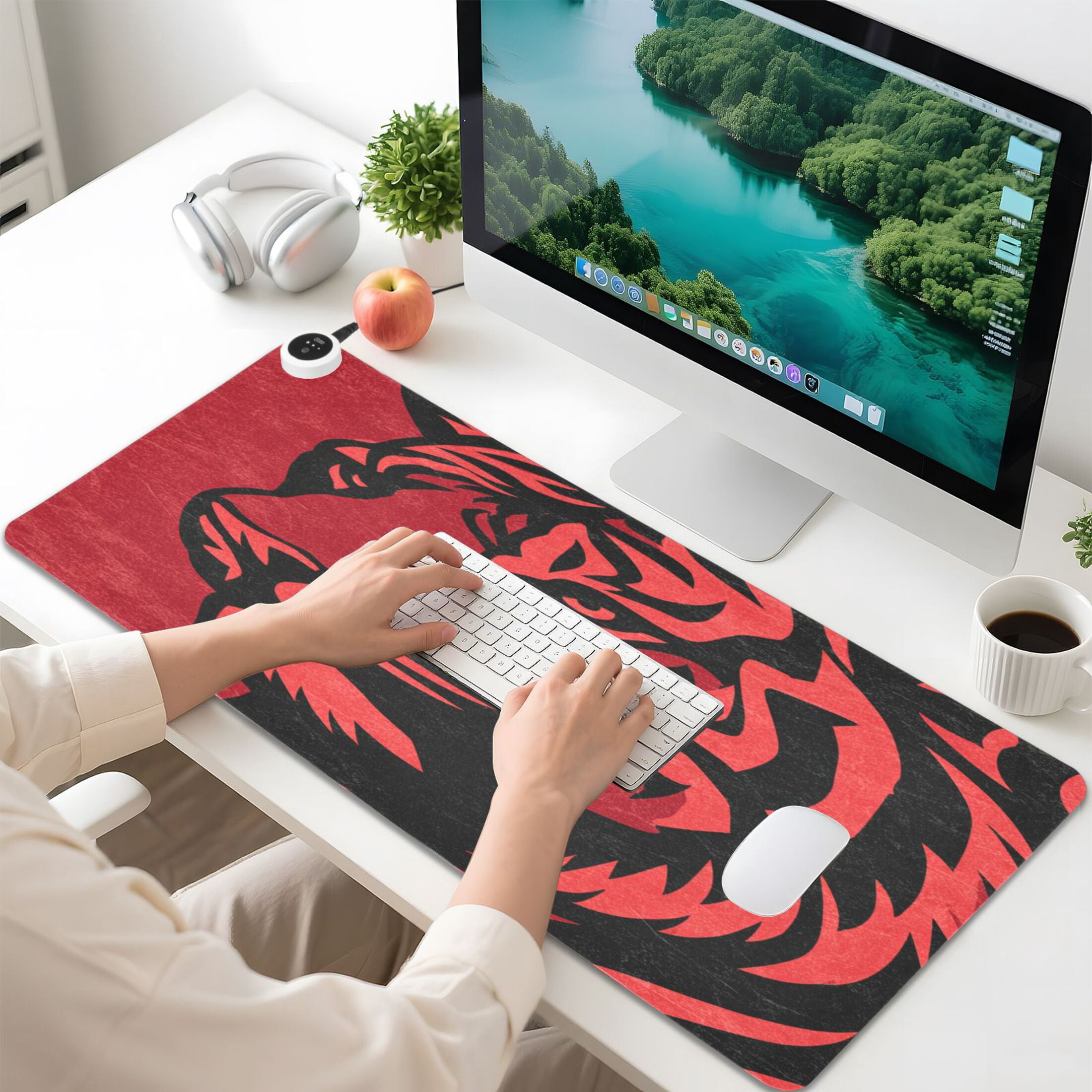 Large Heated Desk Mat Mouse Pad 31.5"x13"PU Leather Graphene Heating Desk Warmer with 3 Temperature Settings 110V US Plug Non-Slip Warm Pad for Home, Office, and Gaming Graphic Tiger Head Pattern
