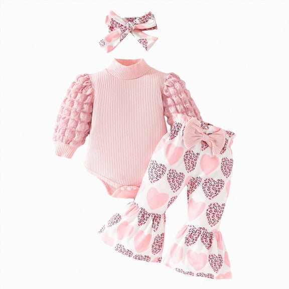 TOWED22 Baby Girl Fall Winter Clothes 3 Pcs Sets Outfits Long Sleeve Crew Neck Pattern Romper Jumpsuit Ribbed Flare Pants Headband Set(Pink,6-9 M)