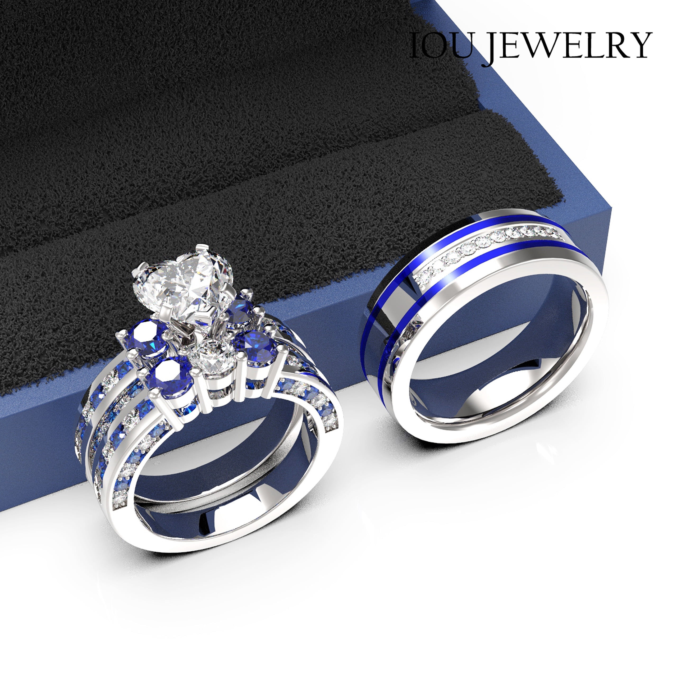 3pc Couples Wedding Ring Sets His And Hers Women Sterling Silver Blue Moissanite and men Wedding Bands Together With Ring Gift Jewelry Box