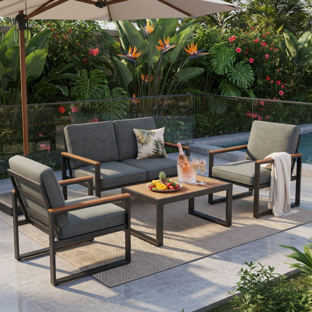 Hommoo Modern Aluminum Patio Armchair Set of 2 with Gray Olefin Cushions, Weather-Resistant, Easy Assembly for Balcony, Backyard & Poolside, Gray