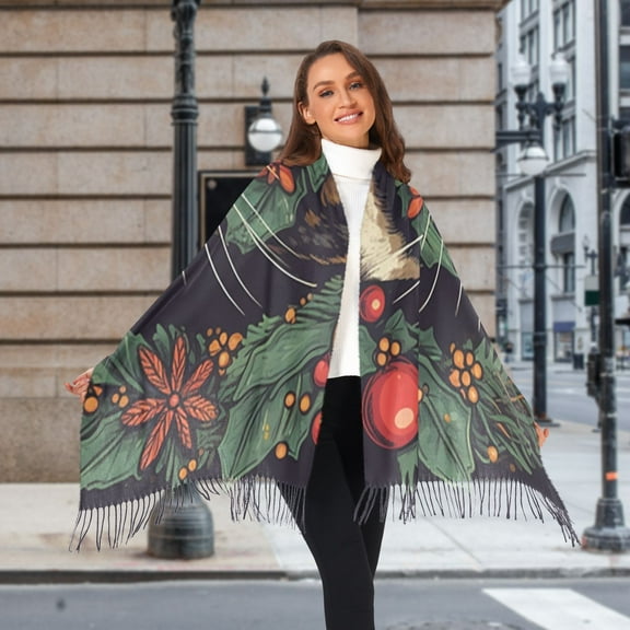 Christmas Flowers and Cat Winter Scarf for Women Fashion Warm Long Soft Blanket Scarves Gifts