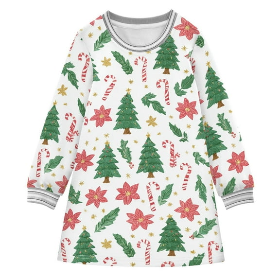 Girls' long-sleeved dress Christmas Tree Candy Cane Girls' A-line dress with ribbed cuffs Soft and comfortable