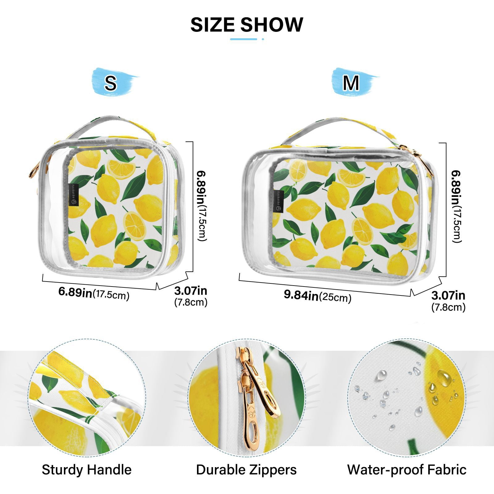 Clear Makeup Bags with Handle Large Opening 2 Pack Set Toiletry Bag Quart Size Bag, for Women Man Traveling Travel Essentials, Toiletries and Other. Lemon Pattern