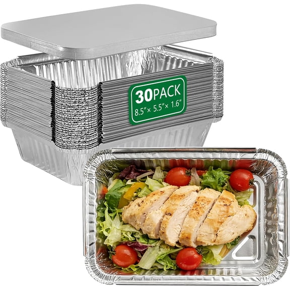 30 Pack Aluminum Pans with Lids 8.3x5.5x2 Inch 1.7 LB Foil Pan Disposable Meal Prep Containers for Freezer & Oven Heavy Duty Takeout Baking and Food Storage