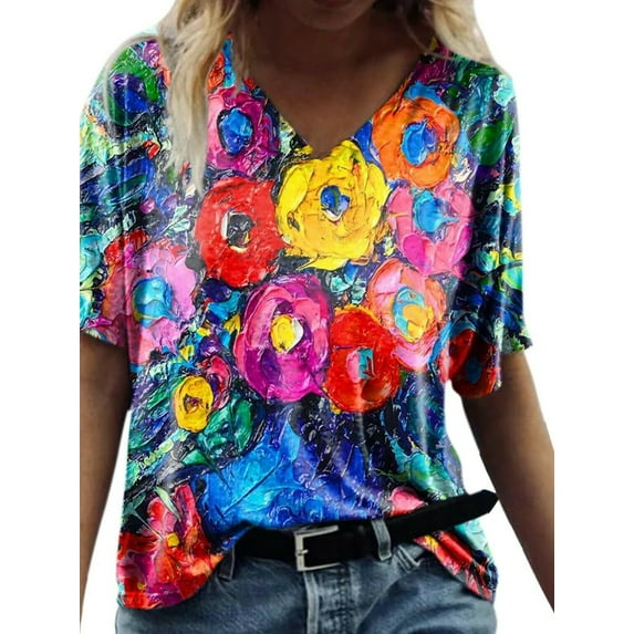 FASHIONWT Women Casual Short Sleeve Floral Print Shirt Basic V-Neck T-Shirt Tops