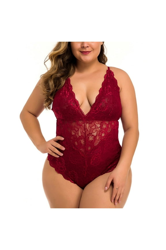 Women Lace V Neck Nightwear Sexy Teddy Chemise Nightie Womens Mesh Sheer Nightgown Spaghetti Strap Sleep Dress with Thong Set Plus Size 2X 3X 4X Summer Savings White