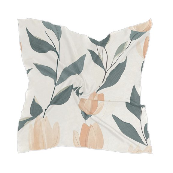 Pastel Flower Stems 23.62x23.62in Square Scarf Silk like Fabric Single Sided Print with 10 Hair Clips