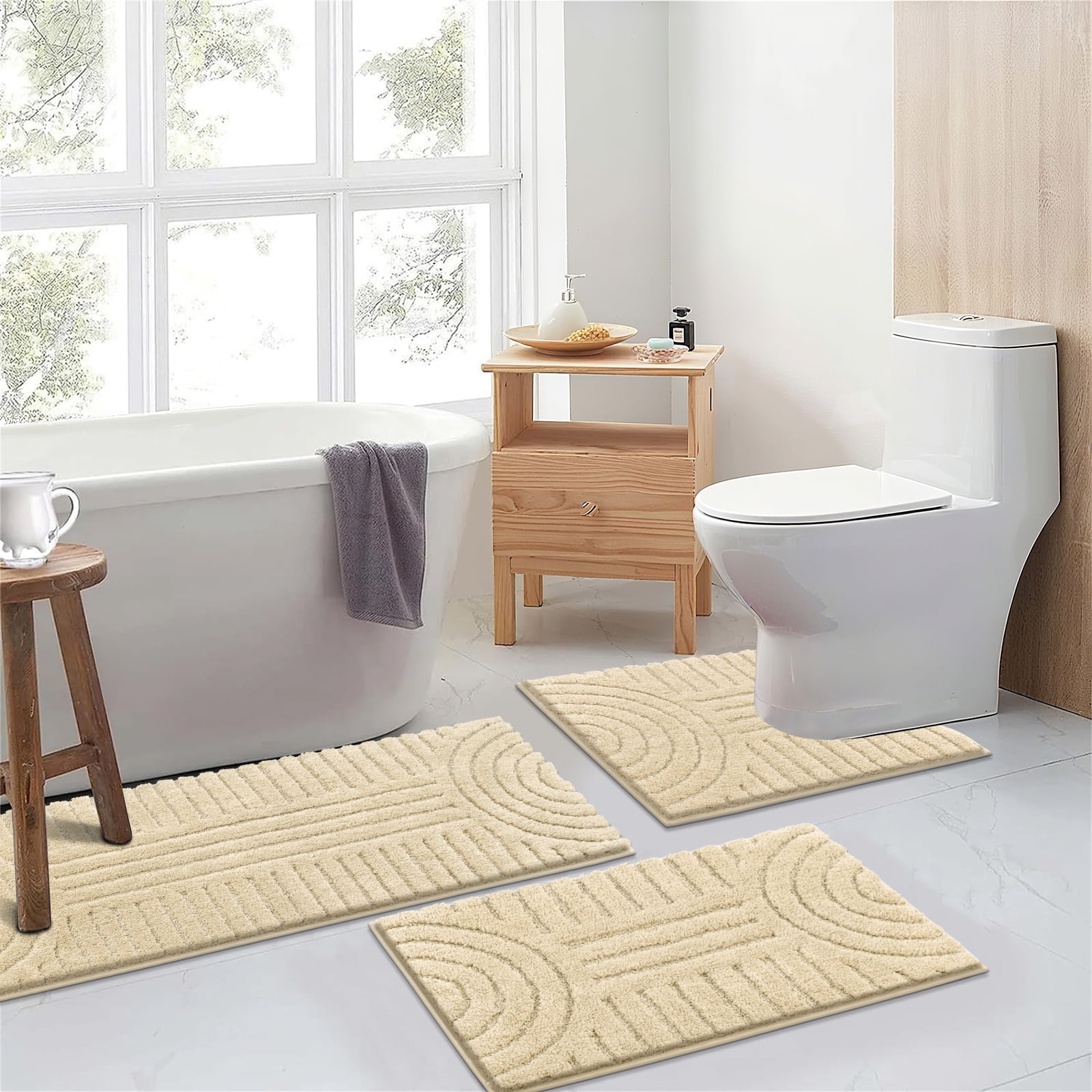 Bathroom Rugs Sets 3 Piece, Soft Absorbent Microfiber Bath Mats and U-Shaped Contour Toilet Rug, Plush Shaggy Bath Mat Set for Bathroom