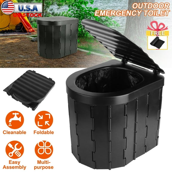 Portable Camping Toilet for Adults - Foldable & Lightweight ABS Porta Potty w/ Lid, Carry Bag & Garbage Bags for Outdoor, RV, Travel, Black, 330lb Capacity