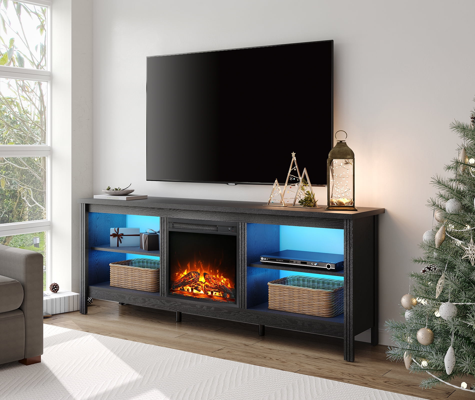 Fireplace TV Stand for 75 Inch TV Entertainment Center, Wood TV Console Table with 4 Storages for Living Room Bedroom, 70” White Sansujyuku sansujyuku.com
