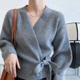 thumbnail image 1 of Cárdigan de cuello en V retro francés para mujer, abrigos de otoño 2023 con cordones, prendas de punto holgadas para mujer, suéter de manga larga liso con cintura de estilo holgado, 1 of 5